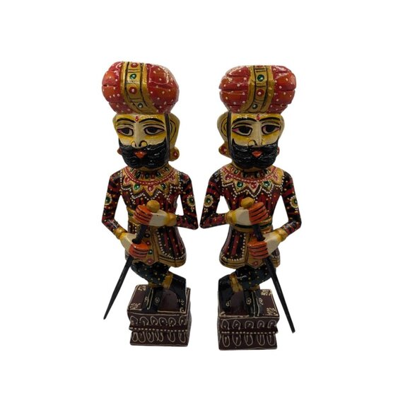 Pair of rajasthani wooden statue handicraft painted royal gate keeper watch man - Picture 12 of 12